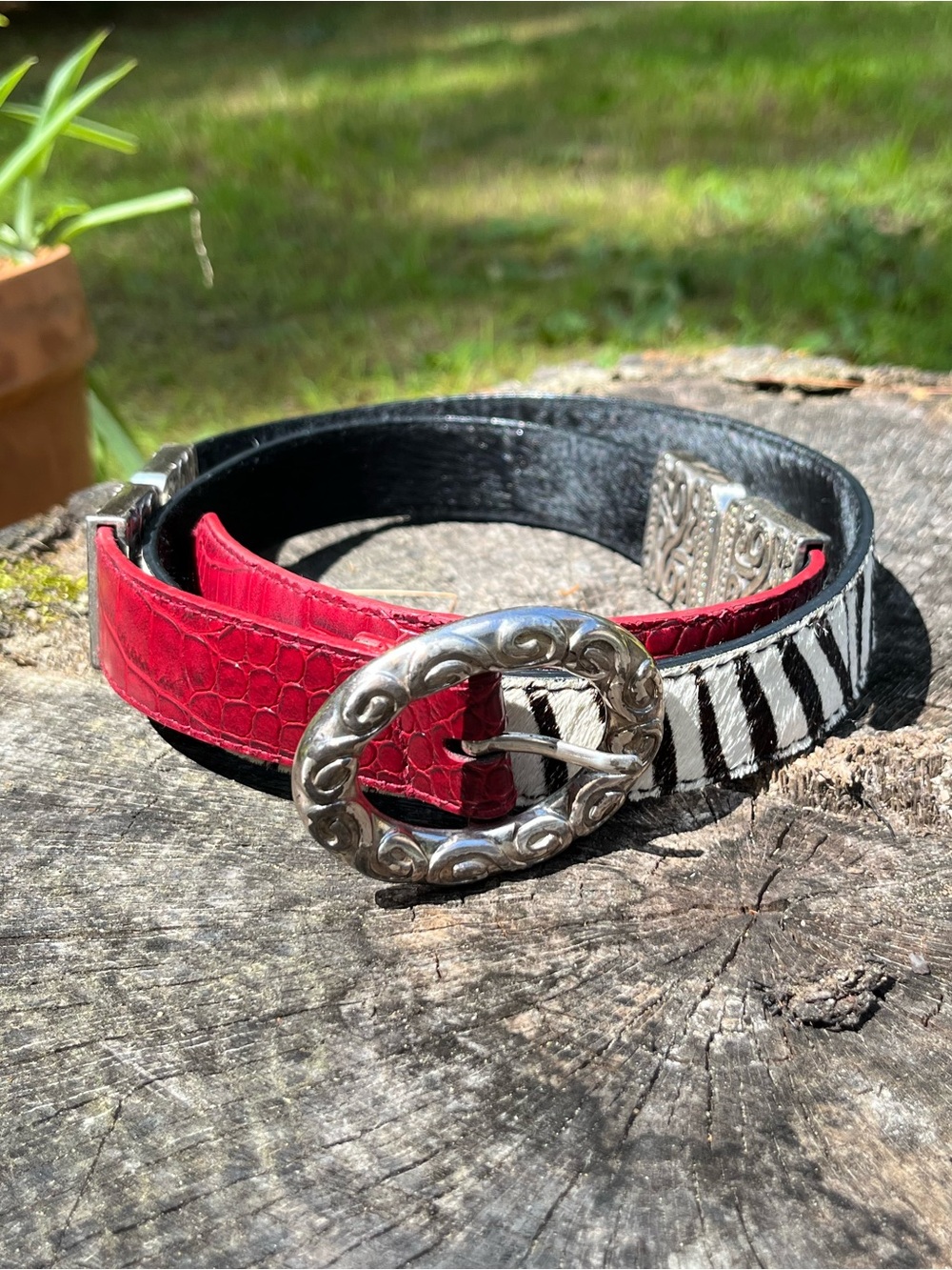 Chico’s Reversible Black & Zebra Print Pony Hair & Red Croc Leather Belt Boho
